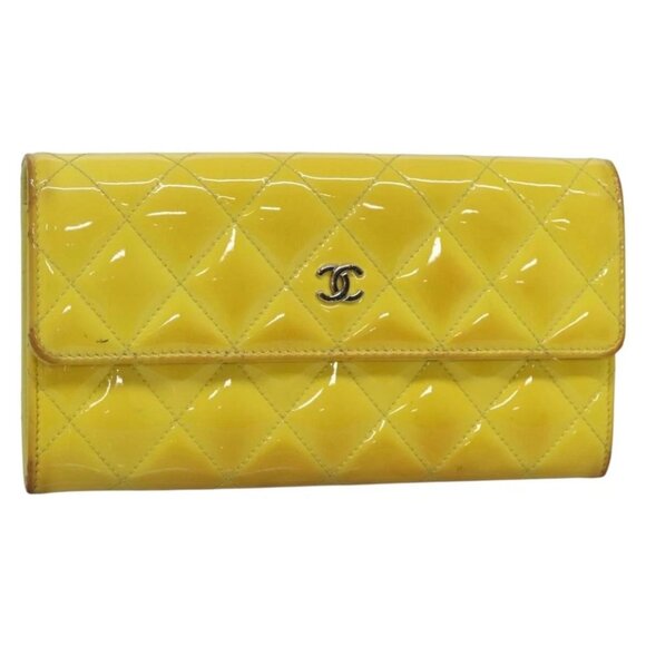 CHANEL Matelasse COCO Mark Long Wallet Patent leather Yellow CC Auth 142043 - Picture 1 of 16